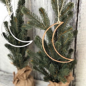 Handmade Birch Wood Crescent Moon Ornament: Gold, Silver, or Natural