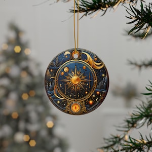 Golden Celestial Sun Ceramic Ornament, Mystical Sun and Moon Holiday Decoration, Mystical Solar Ornament, Lunar and Solar Holiday Decor
