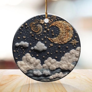 Personalized Starry Night Moon Ornament, Printed Embroidery Style Moon and Stars Decoration, Celestial Home Decor, Handmade Gift, Customized