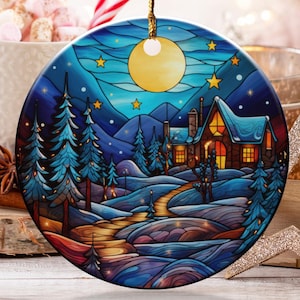 Winter Cabin Ornament, Night Scene Ornament, Christmas Decor Ornament, Full Moon Ornament, Starry Night Ornament, Holiday Gift Ornament