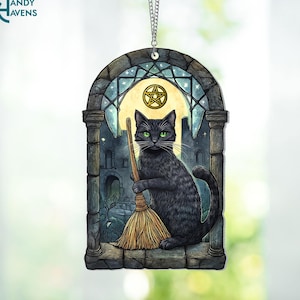 Black Cat with Broom Suncatcher Ornament, Gothic Witchy Window Hanging,Halloween Window Decor,Witchy Gift,Fantasy Book Lover Gift,Cat Lovers