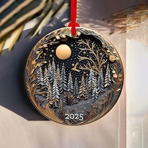 2025 Christmas Ornament – Night Forest Scene with Moon and Stars – Elegant Black and Gold Tree Decor – Winter Holiday Keepsake Gift