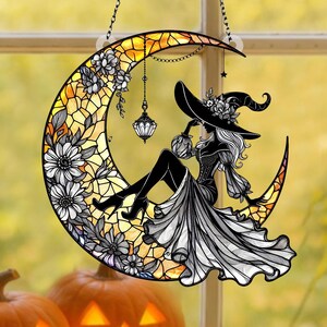 Witch And Moon Acrylic Window Hangings, Witch Ornament, Halloween Gothic Decor, Scary Decor,Spooky Home Decor,Halloween Gift,Halloween Decor