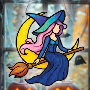 Witch on Broomstick, Witch and Moon Acrylic Suncatcher Ornament, Halloween Window Hanging For Home Wall, Gift for Witchcraft Lovers